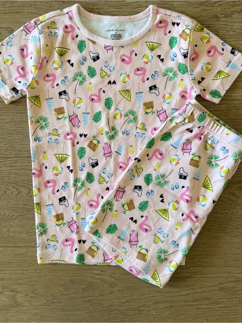 Janie and Jack Girls Sz 10 Pink Flamingo Beach Print Short-Sleeve Pajama Set